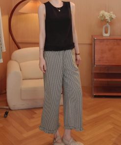 Ruffled Hem Sleeveless Top and Casual Straight Plaid Pants Set - Trendy Summer Outfit for 2025