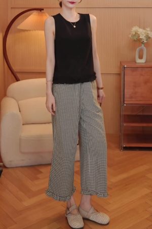 Ruffled Hem Sleeveless Top and Casual Straight Plaid Pants Set - Trendy Summer Outfit for 2025