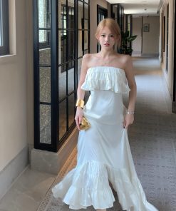Ruffled Strapless Dress in Korean Celebrity Style, Sweet Atmosphere, Large Skirt for Vacation Photo Shoot, Perfect Y2K Fashion