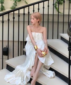 Ruffled Strapless Dress in Korean Celebrity Style, Sweet Atmosphere, Large Skirt for Vacation Photo Shoot, Perfect Y2K Fashion