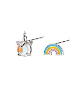 S925 Pure Silver Rainbow Unicorn Earrings for Girls, Moonstone Asymmetric Design, Forest Style, Trendy Jewelry for Students