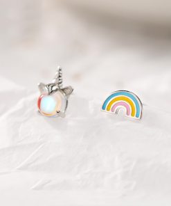 S925 Pure Silver Rainbow Unicorn Earrings for Girls, Moonstone Asymmetric Design, Forest Style, Trendy Jewelry for Students