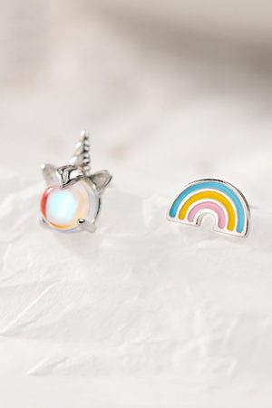 S925 Pure Silver Rainbow Unicorn Earrings for Girls, Moonstone Asymmetric Design, Forest Style, Trendy Jewelry for Students