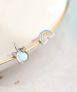 S925 Pure Silver Rainbow Unicorn Earrings for Girls, Moonstone Asymmetric Design, Forest Style, Trendy Jewelry for Students