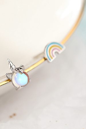 S925 Pure Silver Rainbow Unicorn Earrings for Girls, Moonstone Asymmetric Design, Forest Style, Trendy Jewelry for Students