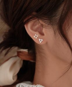 S925 Pure Silver Small Geometric Triangle Square Stud Earrings - Trendy Elegant Accessories for Modern Minimalist Style