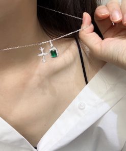 S925 Pure Silver Vintage Cross Necklace with Jade Green Zircon - High-End Light Luxury Accessory for Versatile Style