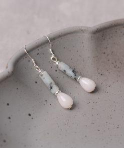 S925 Silver Earrings with Natural White Jade and Ink Stone Water Drop Design - Vintage National Style Ear Pendants for Women