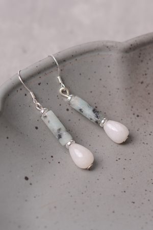 S925 Silver Earrings with Natural White Jade and Ink Stone Water Drop Design - Vintage National Style Ear Pendants for Women