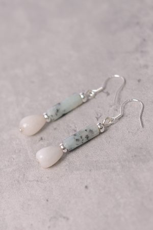 S925 Silver Earrings with Natural White Jade and Ink Stone Water Drop Design - Vintage National Style Ear Pendants for Women