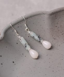 S925 Silver Earrings with Natural White Jade and Ink Stone Water Drop Design - Vintage National Style Ear Pendants for Women