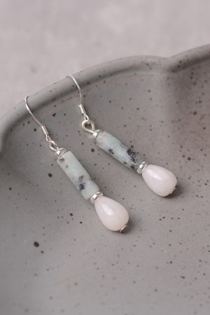 S925 Silver Earrings with Natural White Jade and Ink Stone Water Drop Design - Vintage National Style Ear Pendants for Women