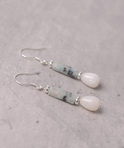 S925 Silver Earrings with Natural White Jade and Ink Stone Water Drop Design - Vintage National Style Ear Pendants for Women