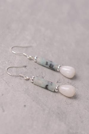 S925 Silver Earrings with Natural White Jade and Ink Stone Water Drop Design - Vintage National Style Ear Pendants for Women