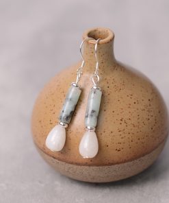 S925 Silver Earrings with Natural White Jade and Ink Stone Water Drop Design - Vintage National Style Ear Pendants for Women