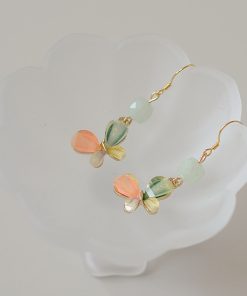 S925 Silver Hook Butterfly Earrings with Natural Stone Crystal, Green Forest Style, Anti-Allergy, High-End Women's Jewelry