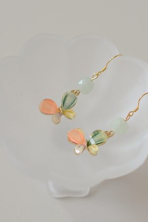 S925 Silver Hook Butterfly Earrings with Natural Stone Crystal, Green Forest Style, Anti-Allergy, High-End Women's Jewelry