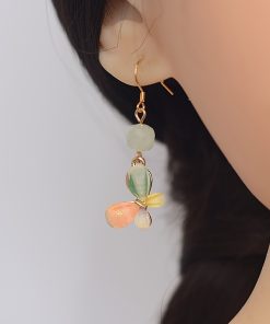 S925 Silver Hook Butterfly Earrings with Natural Stone Crystal, Green Forest Style, Anti-Allergy, High-End Women's Jewelry