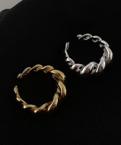 S925 Silver Twisted Rope Open Adjustable Ring for Women, Retro Light Luxury Punk Style