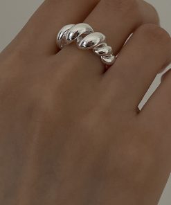 S925 Silver Twisted Rope Open Adjustable Ring for Women, Retro Light Luxury Punk Style