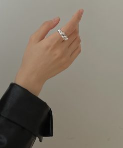 S925 Silver Twisted Rope Open Adjustable Ring for Women, Retro Light Luxury Punk Style