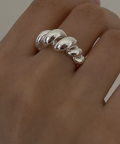 S925 Silver Twisted Rope Open Adjustable Ring for Women, Retro Light Luxury Punk Style