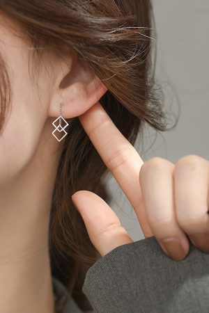 S925 Sterling Silver Geometric Square Drop Earrings for Women, Minimalist Korean Style Fashion, Versatile Cold Style