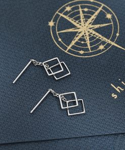 S925 Sterling Silver Geometric Square Drop Earrings for Women, Minimalist Korean Style Fashion, Versatile Cold Style
