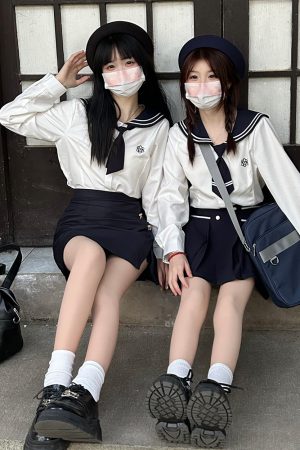 Sailor Suit JK Women's Two-Piece Set - Little Pine Pudding Bear College Style 2025 Japanese Fashion, Cute Kawaii Aesthetic