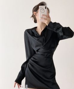 Satin Bodycon V-Neck Dress for Women - High-End French Style, Sexy Waist-Cinching, Slimming Black Dress for Elegant Occasions