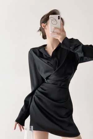 Satin Bodycon V-Neck Dress for Women - High-End French Style, Sexy Waist-Cinching, Slimming Black Dress for Elegant Occasions