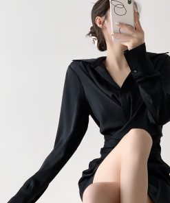 Satin Bodycon V-Neck Dress for Women - High-End French Style, Sexy Waist-Cinching, Slimming Black Dress for Elegant Occasions