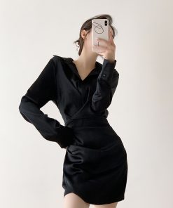 Satin Bodycon V-Neck Dress for Women - High-End French Style, Sexy Waist-Cinching, Slimming Black Dress for Elegant Occasions