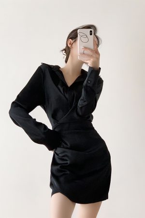 Satin Bodycon V-Neck Dress for Women - High-End French Style, Sexy Waist-Cinching, Slimming Black Dress for Elegant Occasions