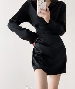 Satin Bodycon V-Neck Dress for Women - High-End French Style, Sexy Waist-Cinching, Slimming Black Dress for Elegant Occasions