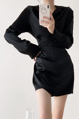Satin Bodycon V-Neck Dress for Women - High-End French Style, Sexy Waist-Cinching, Slimming Black Dress for Elegant Occasions