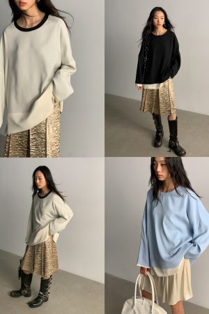 Satin Contrast Reversible Two-in-One Round Neck Pullover Top with Glossy Finish - Y2K Fashion Essential