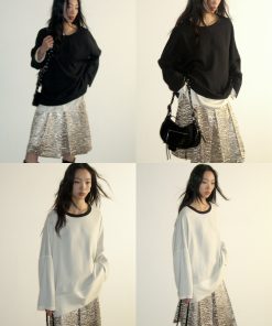 Satin Contrast Reversible Two-in-One Round Neck Pullover Top with Glossy Finish - Y2K Fashion Essential