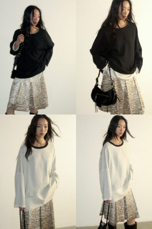Satin Contrast Reversible Two-in-One Round Neck Pullover Top with Glossy Finish - Y2K Fashion Essential