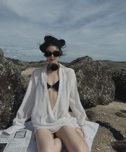 Satin Pleated Metal Buckle Bikini Set for Women - Slimming Split Swimwear for Summer, Trendy Y2K Style