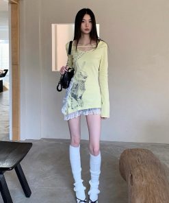Self-Cultivation Elastic Lace Splicing Pearl Beaded Rabbit Print Long Sleeve Top - Chic Y2K Style