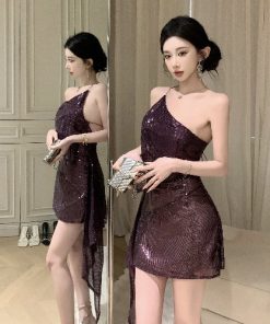 Sequin Off-Shoulder Evening Dress for Women, Sexy One-Shoulder Cocktail Dress for Nightclub and Parties
