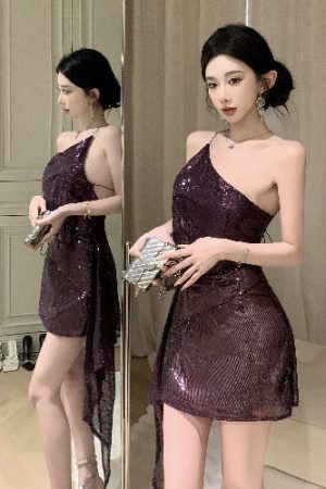 Sequin Off-Shoulder Evening Dress for Women, Sexy One-Shoulder Cocktail Dress for Nightclub and Parties