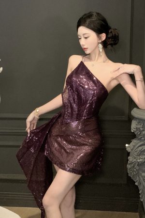 Sequin Off-Shoulder Evening Dress for Women, Sexy One-Shoulder Cocktail Dress for Nightclub and Parties