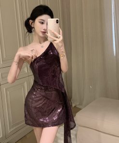 Sequin Off-Shoulder Evening Dress for Women, Sexy One-Shoulder Cocktail Dress for Nightclub and Parties