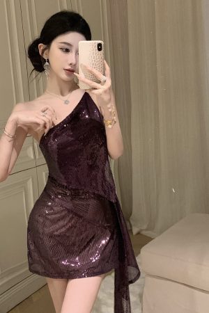 Sequin Off-Shoulder Evening Dress for Women, Sexy One-Shoulder Cocktail Dress for Nightclub and Parties