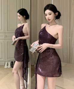 Sequin Off-Shoulder Evening Dress for Women, Sexy One-Shoulder Cocktail Dress for Nightclub and Parties