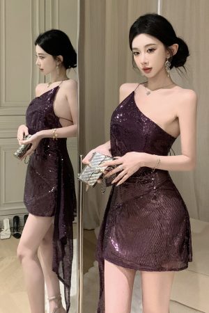 Sequin Off-Shoulder Evening Dress for Women, Sexy One-Shoulder Cocktail Dress for Nightclub and Parties