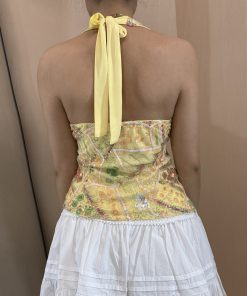 Sequin Spliced Halter Backless Tie-Up Top for Summer Vacation, Pattaya Style, Trendy Dopamine Fashion, Y2K Vibes