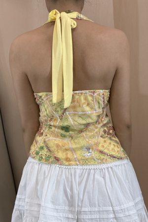 Sequin Spliced Halter Backless Tie-Up Top for Summer Vacation, Pattaya Style, Trendy Dopamine Fashion, Y2K Vibes